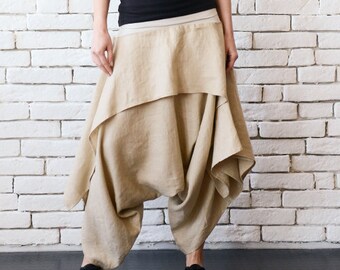 Linen Harem Pants/Beige Maxi Pants/Viscose Waist Skirt Pants/Extravagant Gypsy Pants/Linen Maxi Pants/Long Short Capris/ METP0042