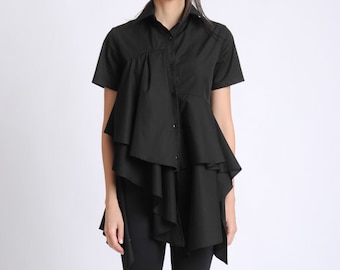 Black Asymmetric Shirt/Extravagant Draped Top/Short Sleeve Button Shirt/Loose Shirt/Long Oversize Top/Elegant Ruffle Tunic METSh0019