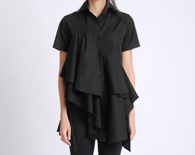 Black Asymmetric Shirt/Extravagant Draped Top/Short Sleeve Button Shirt/Loose Shirt/Long Oversize Top/Elegant Ruffle Tunic METSh0019