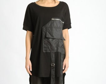 Extravagant Black Tunic/Black Short Sleeve Casual Top/Black Asymmetric Tunic/Extravagant Oversize Loose Top METT0129