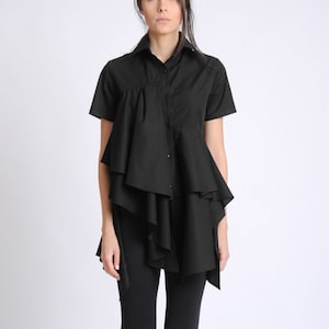 Black Asymmetric Shirt/Extravagant Draped Top/Short Sleeve Button Shirt/Loose Shirt/Long Oversize Top/Elegant Ruffle Tunic METSh0019