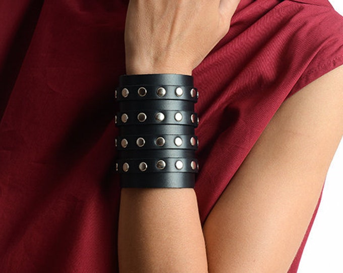 Studded Genuine Leather Bracelet/Extra Large Hand Accessory/Long Black Leather Bracelet/Studded Leather Cuff/Genuine Leather Wristband