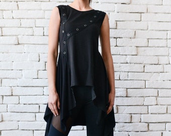 Asymmetric Black Long Tunic/Sleeveless Black Top/Loose Oversize Vest/Studded Tunic Top/Black Top with Metal Studs/Extravagant Black Tunic