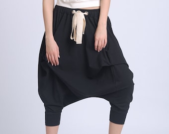 Plus Size Maxi Pants/Drop Crotch Black Pants/Black Harem Pants/Mid Calf Casual Trousers/Sporty Pants Elastic Waist