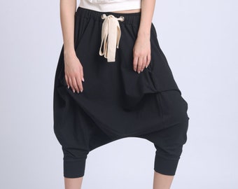Plus Size Maxi Pants/Drop Crotch Black Pants/Black Harem Pants/Mid Calf Casual Trousers/Sporty Pants Elastic Waist METP0066