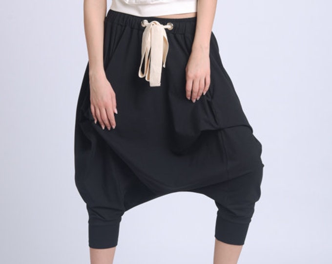 Plus Size Maxi Pants/Drop Crotch Black Pants/Black Harem Pants/Mid Calf Casual Trousers/Sporty Pants Elastic Waist METP0066