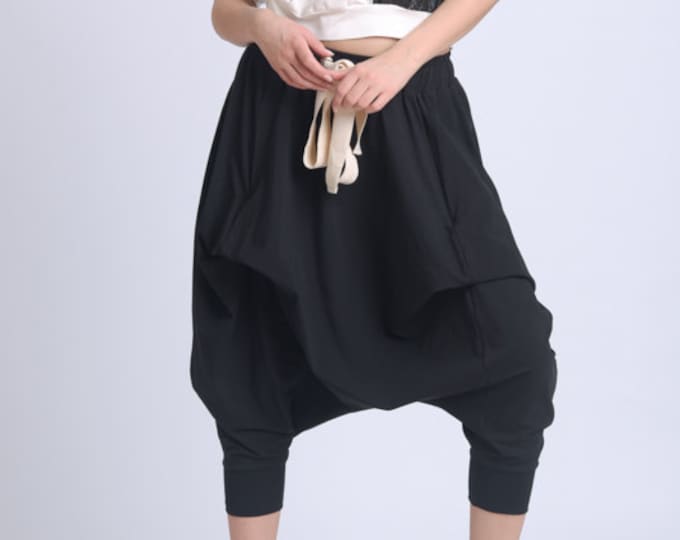 Black Harem Pants/Oversize Loose Trousers/Everyday Maxi Pants/Black Elastic Waist Capris/Drop Crotch Pants/Black Maxi Pants METP0066