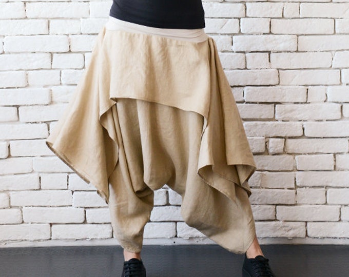 Extravagant Asymmetric Pants/Beige Gypsy Pants/Long Short Capris/Loose Linen Trousers/Plus Size Maxi Pants/Linen Harem Pants/Baggy Pants