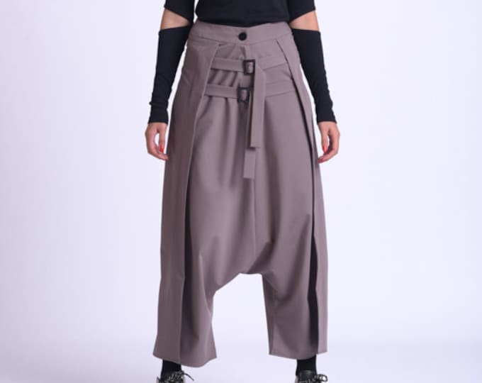 Extravagant Drop Crotch Pants/Wide Leg Loose Pants/Casual Harem Pants/Long Trousers with Decorative Belts/Oversize Maxi Pants METP0071