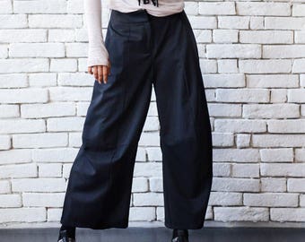 Oversize Black Casual Pants/Wide Leg Pants/Maxi Black Pants/Midi Length Pants/Black Loose Pants/Comfortable Casual Pants/Womens Dress Pants