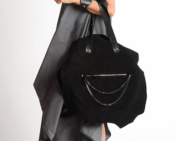 Black Suede and Genuine Leather Bag/Extravagant Circle Bag/Black Maxi Tote/Asymmetric Handbag/Black Leather Shoulder Bag with Chain