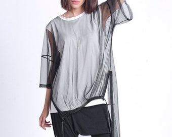 Oversize Long Tunic Top/Extravagant Shirt with Mesh/Casual Sporty Tunic/Sheer Mesh Tunic/Black and White Summer Tunic METT0167