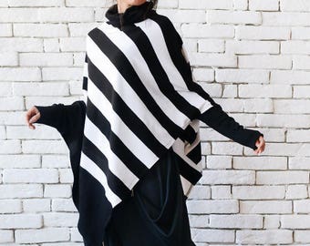 Black and White Asymmetric Top/Plus Size Poncho/Extravagant Alternative Tunic/Long Sleeve Turtleneck Top/Casual Stripe Blouse METT0091