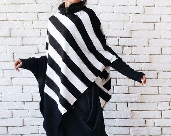 Black and White Asymmetric Top/Plus Size Poncho/Extravagant Alternative Tunic/Long Sleeve Turtleneck Top/Casual Stripe Blouse METT0091
