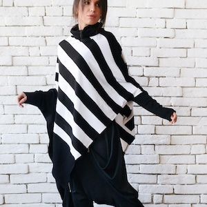 Black and White Asymmetric Top/Plus Size Poncho/Extravagant Alternative Tunic/Long Sleeve Turtleneck Top/Casual Stripe Blouse METT0091