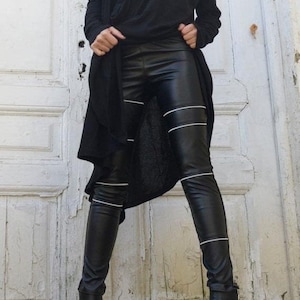 Black Leather Tight Pants/Extra Long Pants with Zippers/Statement Woman Leggings from Eco Leather/Vegan Leather Pants METP0006