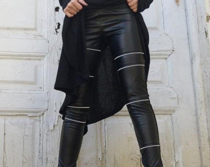 Black Leather Tight Pants/Extra Long Pants with Zippers/Statement Woman Leggings from Eco Leather/Vegan Leather Pants METP0006
