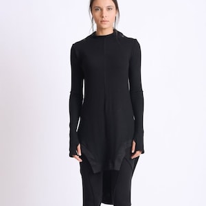 Black Asymmetric Top/Thumb Hole Sleeve Tunic/Fitted Black Tunic Top/Casual Everyday Blouse/Black Handmade Tunic METT0112