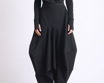 Jupe noire asymétrique/jupe longue ample/jupe longue noire/jupe oversize extravagante/jupe combinaison avant-garde/jupe longue noire METSk0014