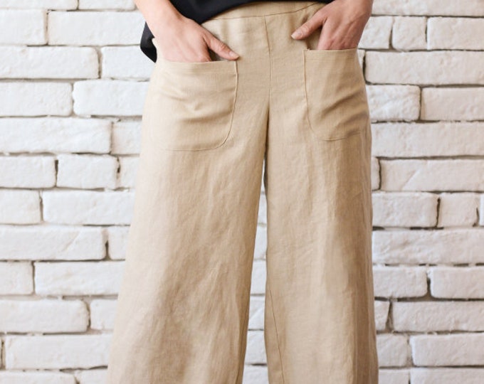 Beige Linen Pants/Maxi Pants/Linen Long Trousers/Wide Leg Plus Size Pants/Casual Everyday Pants/Asymmetric Extravagant Pants METP0041