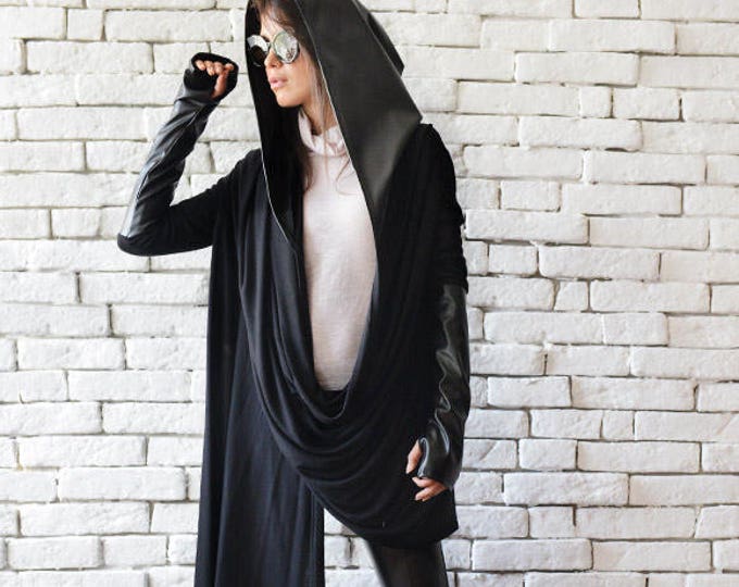 Black Asymmetric Loose Top/Leather Hood Tunic/Plus Size Long Sleeve Blazer/Oversize Thumb Hole Sleeve Top/Black Leather Hoodie/Casual Tunic