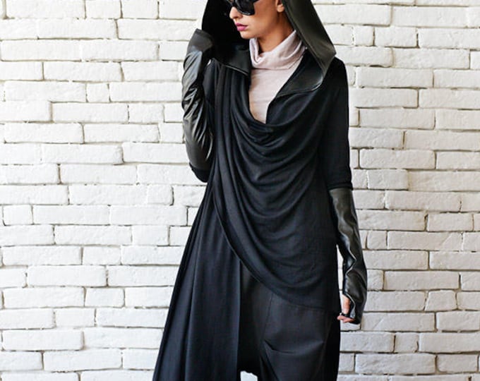 Black Loose Cardigan/Hooded Tunic/Leather Thumb Hole Sleeve Top/Extravagant Black Hoodie/Leather Hood Tunic/Black Asymmetric Top METT0080