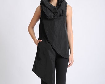 Long Black Vest / Burning Man Top / Cowl Neck Tunic / Asymmetrical Top / Extravagant Vest / Asymmetrical Vest