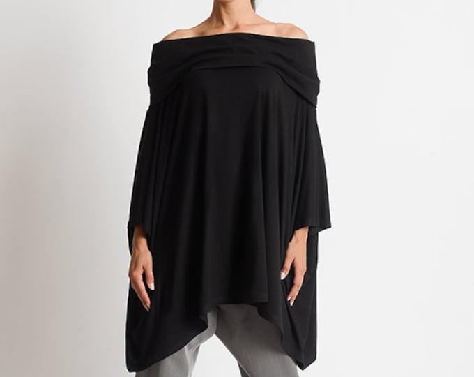 Plus Size Maxi Tunic/Asymmetric Black Tunic/Oversize Long Top/Naked Shoulders Tunic/Black Maxi Tunic/Loose Asymmetric Tunic/Black Blouse