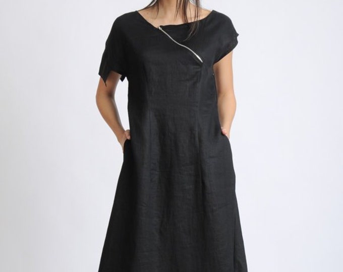 Asymmetric Black Linen Dress/Extravagant Loose Long Dress/Oversize Summer Kaftan/Black Maxi Dress/Black Dress with Front Zipper