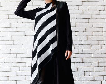 Plus Size Long Coat/Stripe Pattern Oversize Jacket/Long Zipper Cardigan/Black and Light Grey Oversize Tunic/Asymmetric Casual Winter Coat