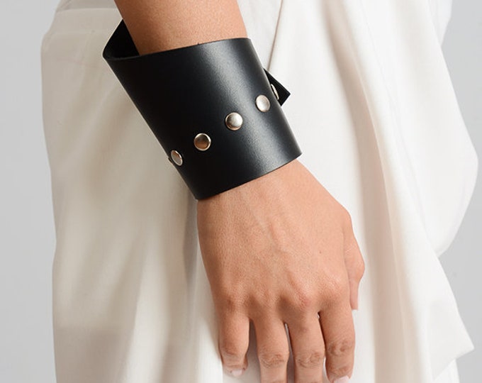 Asymmetric Leather Bracelet/Black Genuine Leather Studded Bracelet/Black Leather Cuff with Studs/Handmade Leather Wristband/Black Cuff