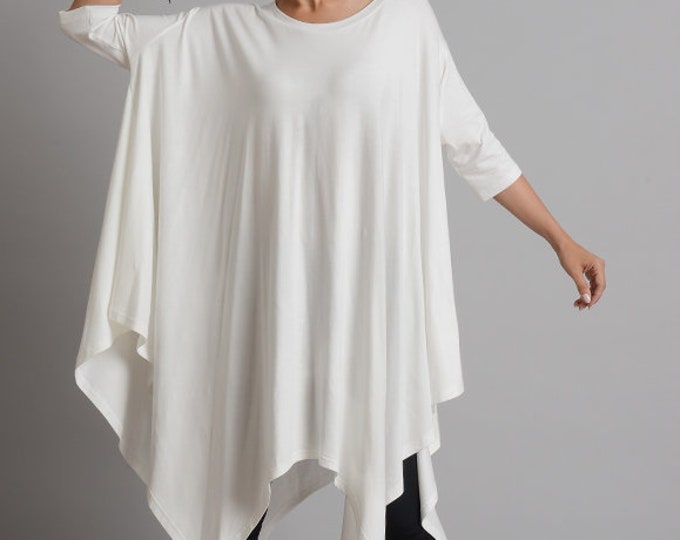Off White Maxi Tunic/Extravagant Plus Size Top/Oversize Long Tunic/Casual Everyday Blouse/Short Sleeve White Loose Tunic METT0105
