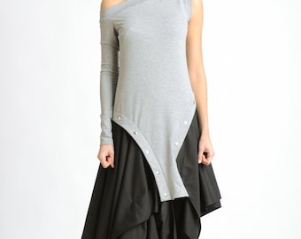 Asymmetric Contrast Dress / Extravagant One Sleeve Dress METD0120