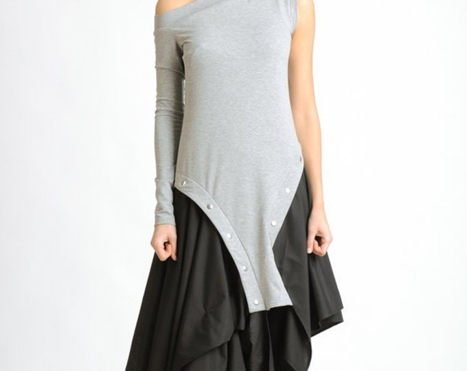 Black and Grey Loose Dress/Extravagant Asymmetric Kaftan/Off the Shoulder Studded Dress/Sleeveless Tunic Dress/Long Sleeve Dress METD0120