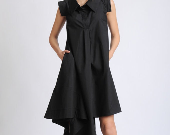 Asymmetric Black Casual Shirt Dress METD0126