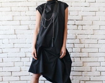Black Asymmetric Dress / Loose Black Dress / Extravagant Open Back Tunic  METD0100