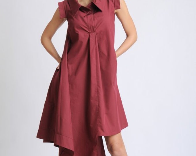 Burgundy Asymmetric Dress/Sleeveless Shirt Dress/Loose Long Tunic/Oversize Cotton Top/Casual Button Dress/Summer Maxi Dress/Long Collar Top