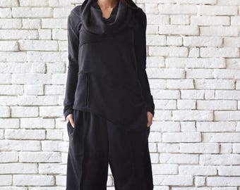 Black Sports Set/Casual Black Tracksuit/Loose Tunic Top/Plus Size Black Pants/Everyday Casual Set/Wide Leg Trousers/ METJ0010