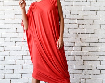 Red Loose Kaftan/Plus Size Maxi Dress/Asymmetric Tunic /Red Oversize Dress/Casual Everyday Dress/Summer Red Dress/Oversize Midi Red Dress