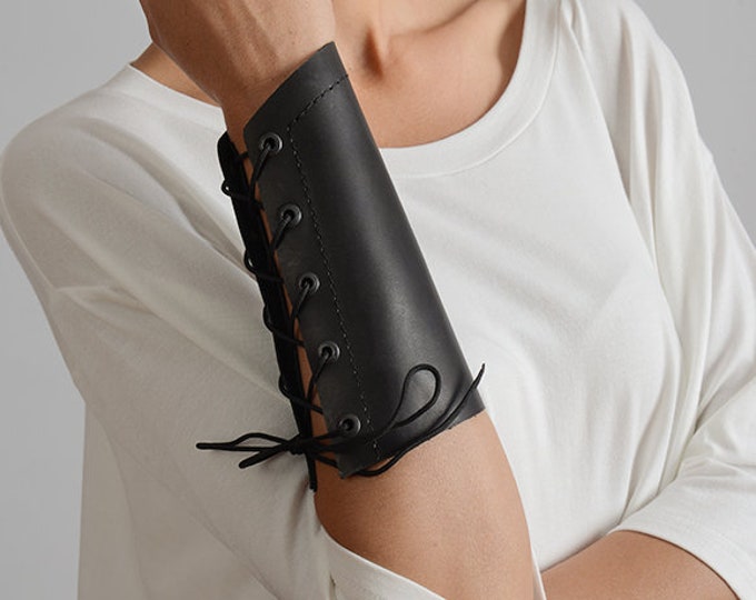 Black Genuine Leather Cuff/Extravagant Bracelet with Ties/Handmade Black Leather Wristband/Extra Large Black Bracelet/ METBR20