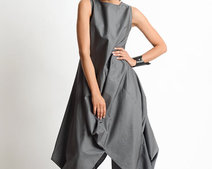 Grey Loose Oversize Dress/Plus Size Casual Dress/Extravagant Tunic Dress/Grey Maxi Dress/High Low Tunic Top/Sleeveless Asymmetric Kaftan