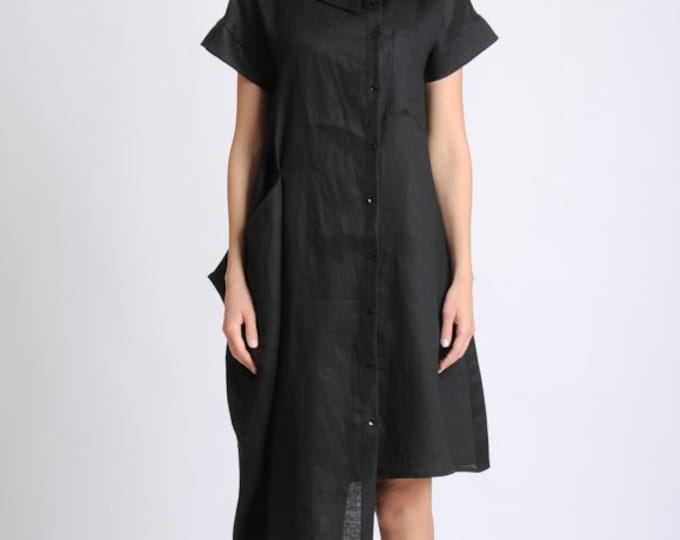 Black Asymmetrical Linen Shirt Dress with Buttons