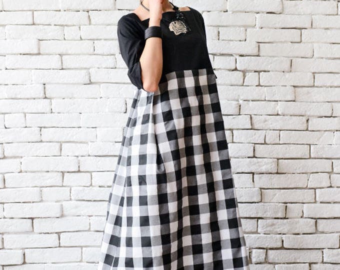 Long Loose Maxi Dress/Oversize Black White Kaftan/Casual Summer Dress/Plus Size Monochrome Dress/Checked Dress/Half Sleeve Everyday Dress