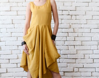 FINAL CLEARANCE Asymmetric Linen Dress/Mustard Long Short Tunic Top/Extravagant Casual Dress/Sleeveless Linen Dress/Yellow Summer Dress
