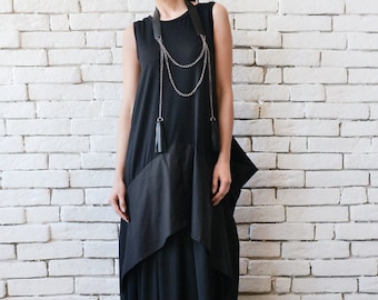 Plus Size Maxi Dress/Black Maxi Dress/Black Kaftan/Sleeveless Long Black Dress/Black Maxi Dress with Back Accent METD0096