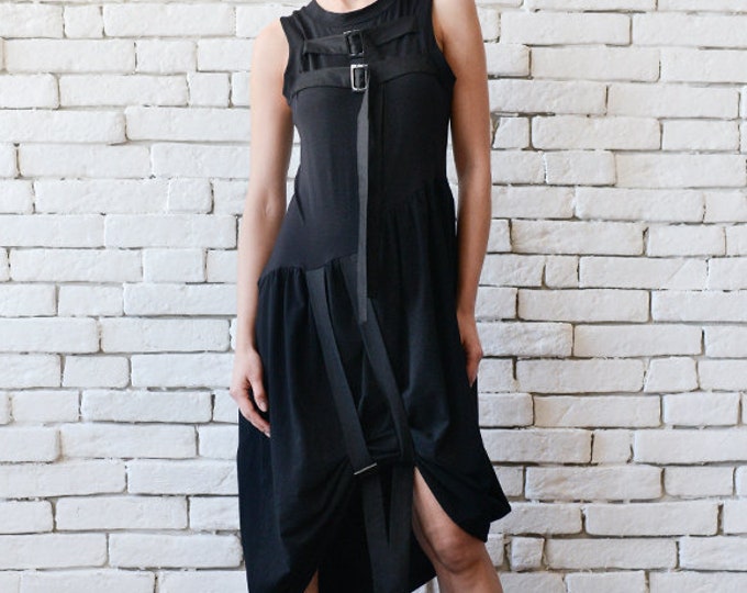 Extravagant Black Dress/Asymmetric Tunic Dress/Sleeveless Black Dress with Buckles/Casual Black Dress/Oversize Black Tunic METD0098