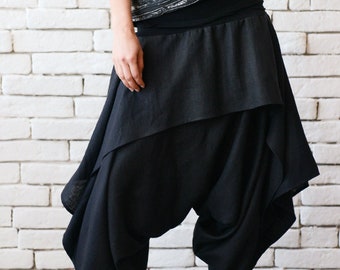 Black Asymmetric Skirt Pants/Drop Crotch Loose Pants/Extravagant Linen Trousers/Black Gypsy Pants/Linen Maxi Pants METP0042