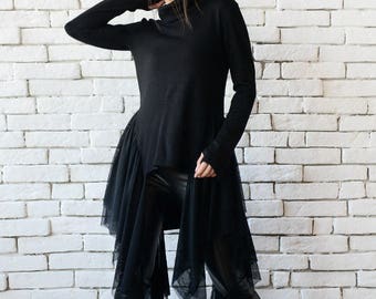 Black Asymmetric Tunic/Extravagant Long Short Top/Long Sleeve Party Top/Loose Black Tunic/Thumb Hole Sleeve Blouse/METT0098