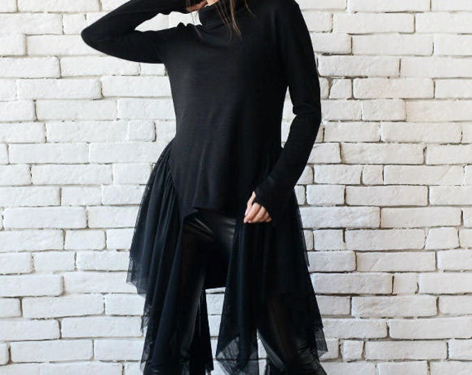 Black Asymmetric Tunic/Extravagant Long Short Top/Long Sleeve Party Top/Loose Black Tunic/Thumb Hole Sleeve Blouse/METT0098