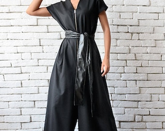 Black Maxi Jumpsuit/Oversize Loose Jumpsuit/Plus Size Overall/Short Sleeve Top Wide Leg Bottom Suit/Loose Zipper Jumpsuit METJ0008